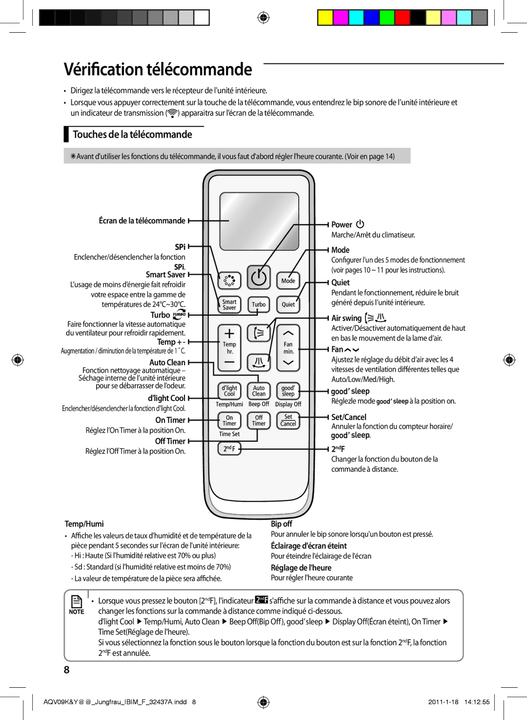 Samsung AQV12YWAX, AQV12KBAN, AQV12YWAN, AQV09KBAN, AQV09YWAX, AQV09YWAN Vérification télécommande, Touches de la télécommande 