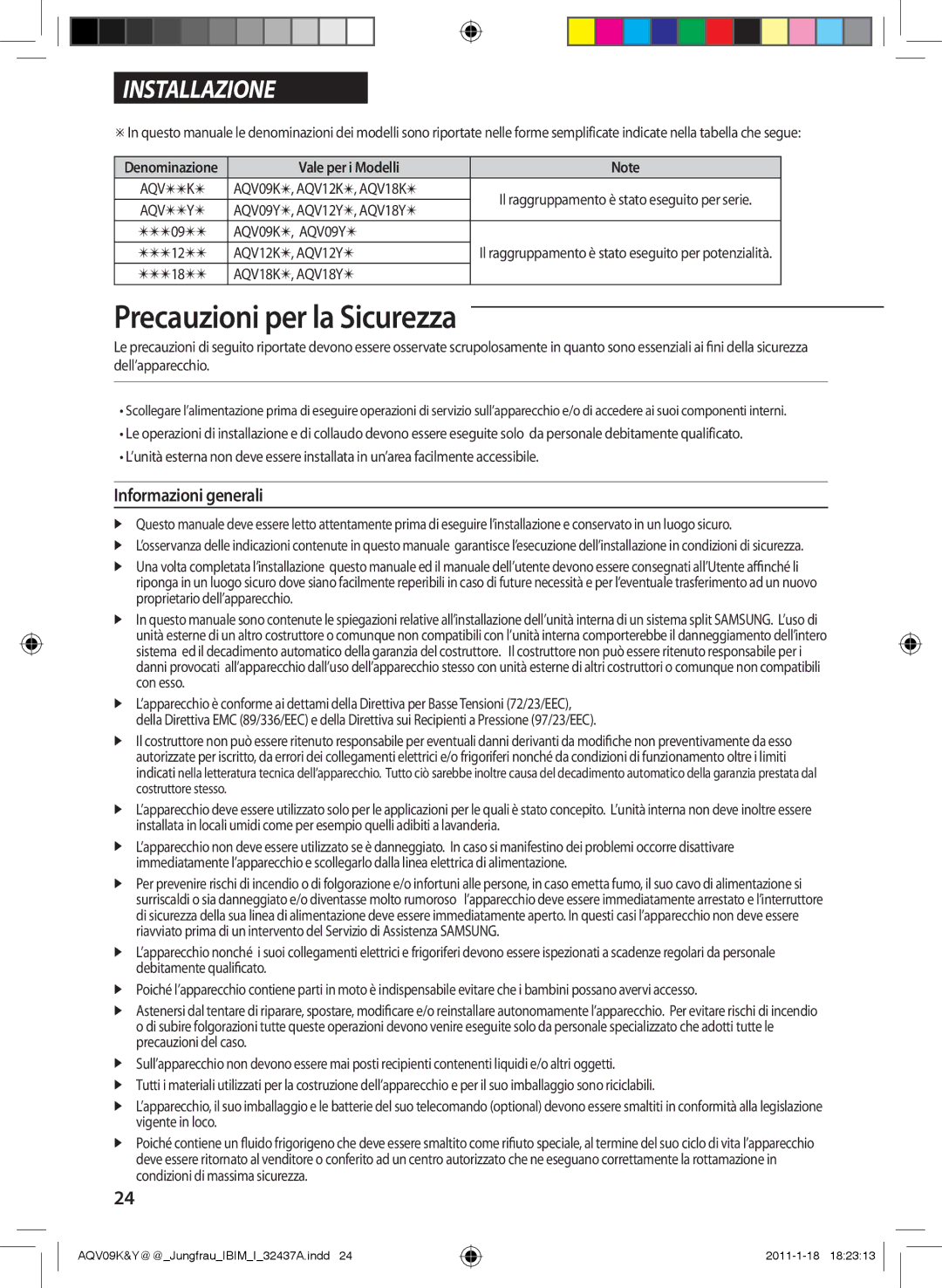 Samsung AQV18KBAN manual Informazioni generali, Vale per i Modelli, AQV09K, AQV09Y, AQV12K, AQV12Y, AQV18K, AQV18Y 