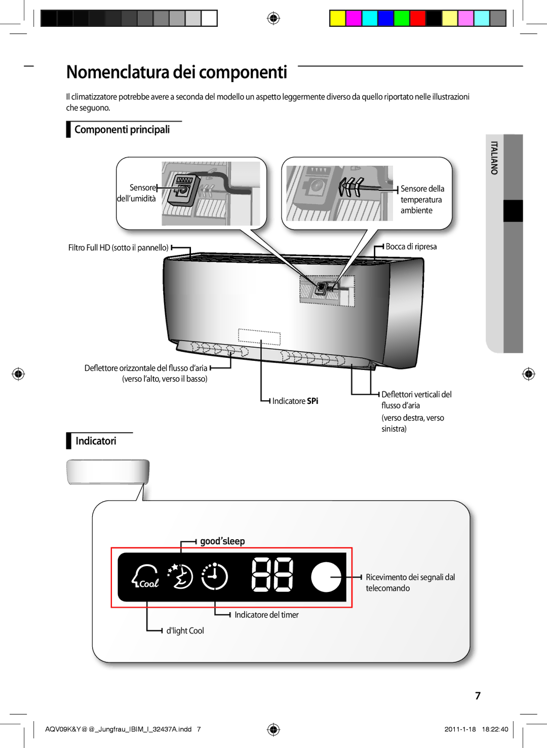 Samsung AQV12KBAX manual Nomenclatura dei componenti, Componenti principali, Indicatori, Filtro Full HD sotto il pannello 