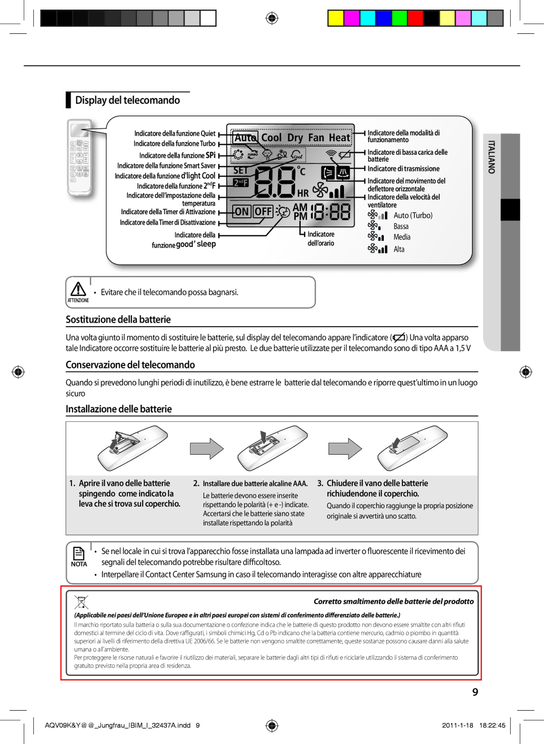 Samsung AQV24PSBX, AQV12KBAN, AQV12YWAN Display del telecomando, Sostituzione della batterie, Conservazione del telecomando 