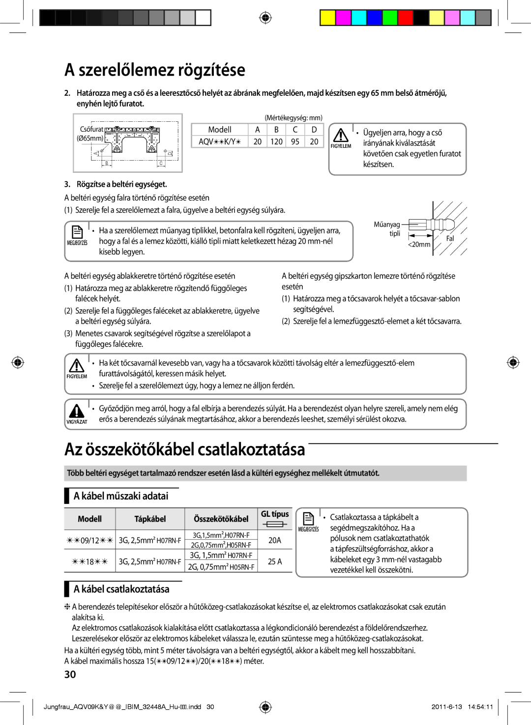 Samsung AQV09YWAN, AQV12KBAN manual Az összekötőkábel csatlakoztatása, Kábel műszaki adatai, Kábel csatlakoztatása, Modell 