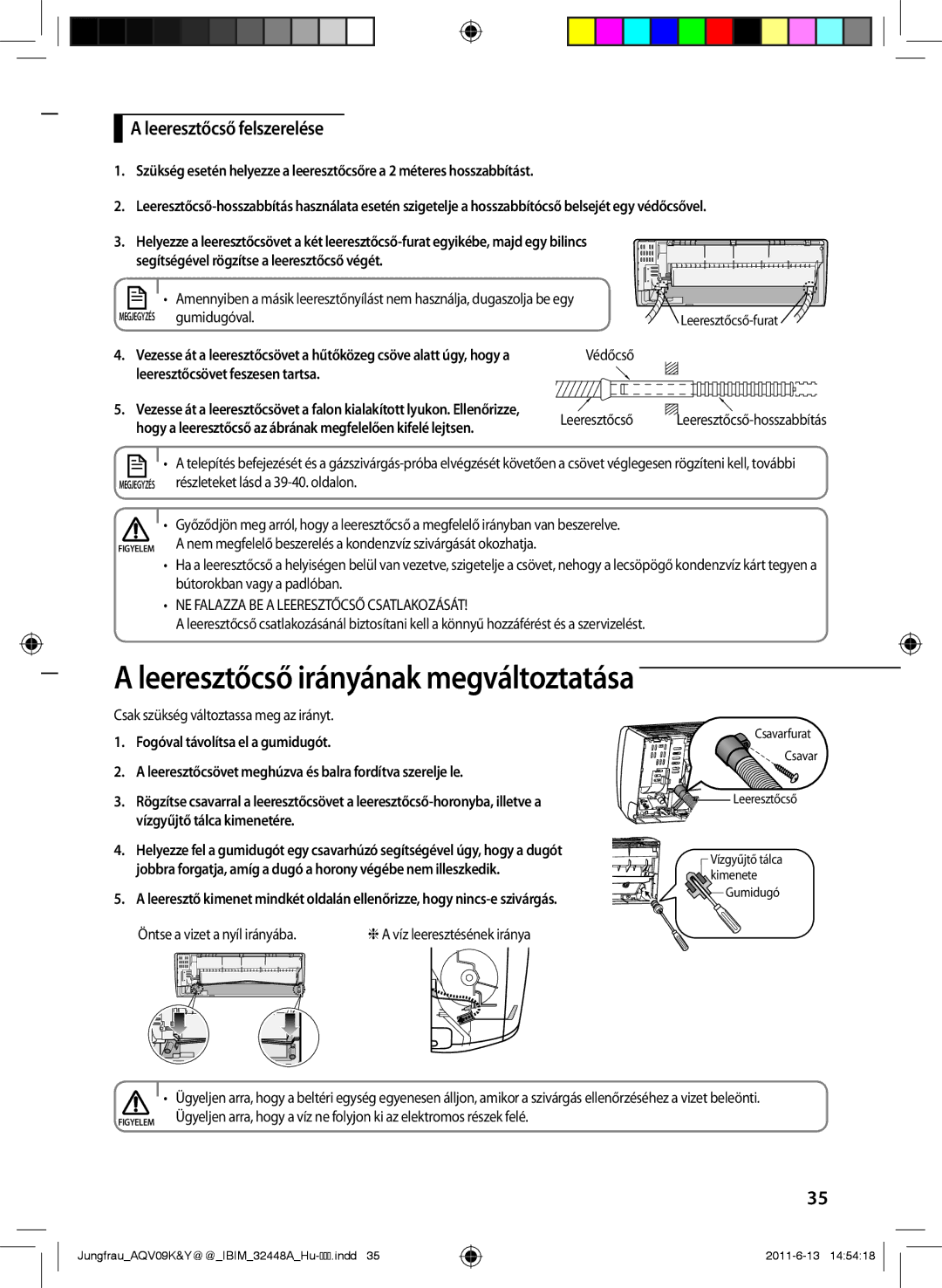 Samsung AQV24PSBX, AQV12KBAN Leeresztőcső irányának megváltoztatása, Leeresztőcső felszerelése, Megjegyzés gumidugóval 