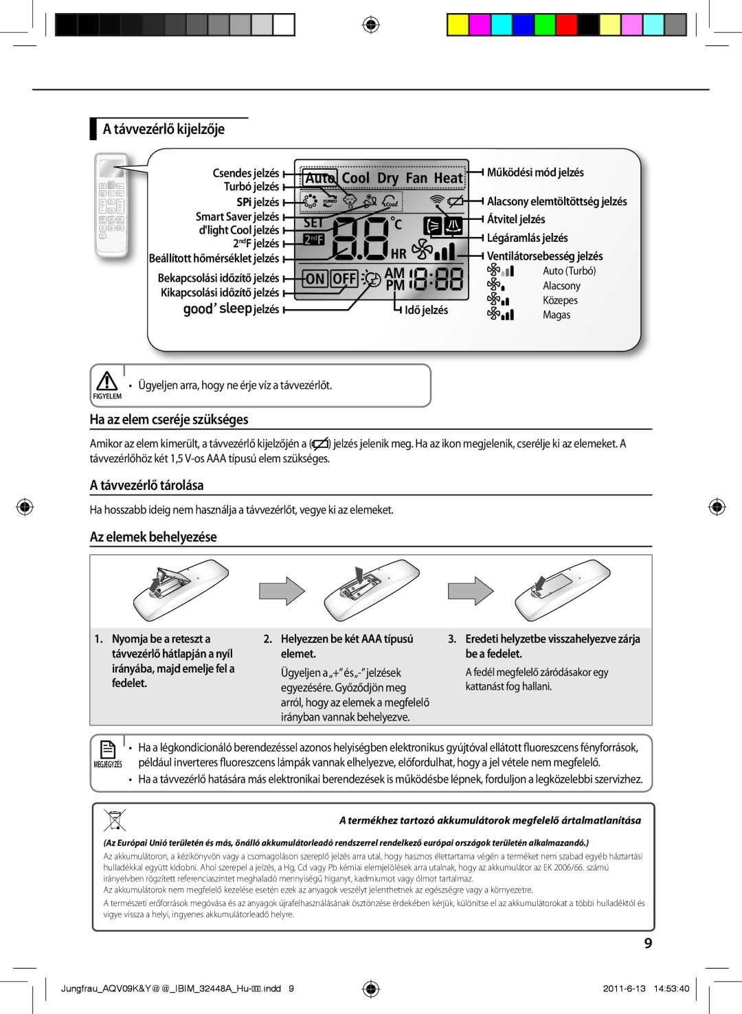 Samsung AQV24PSBX manual Távvezérlő kijelzője, Ha az elem cseréje szükséges, Távvezérlő tárolása, Az elemek behelyezése 