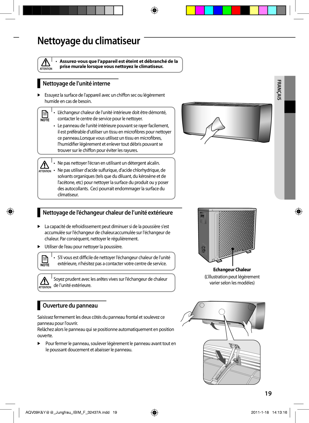 Samsung AQV18YWAX manual Nettoyage du climatiseur, Nettoyage de l’unité interne, Ouverture du panneau, Echangeur Chaleur 
