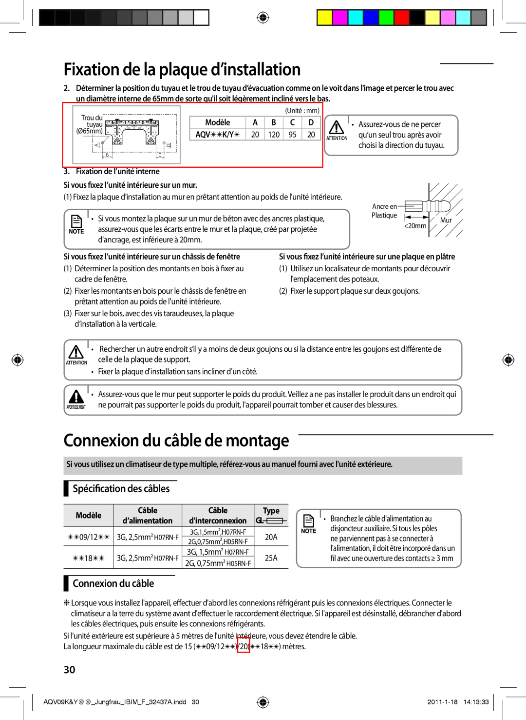 Samsung AQV09YWAN manual Connexion du câble de montage, Spécification des câbles, Fixation de l’unité interne, Modèle, 20mm 