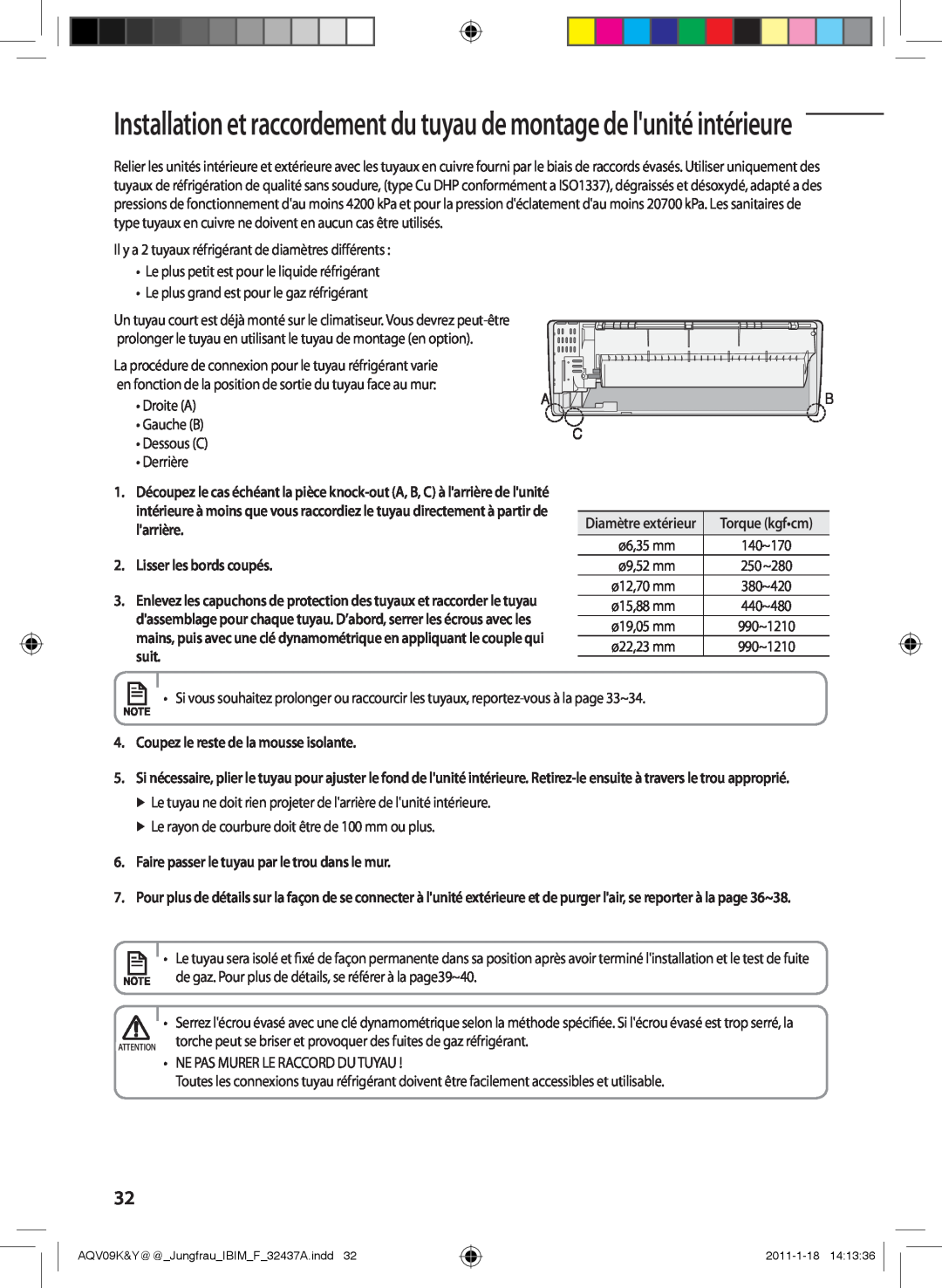 Samsung AQV18YWAX manual Installation et raccordement du tuyau de montage de lunité intérieure, Lisser les bords coupés 