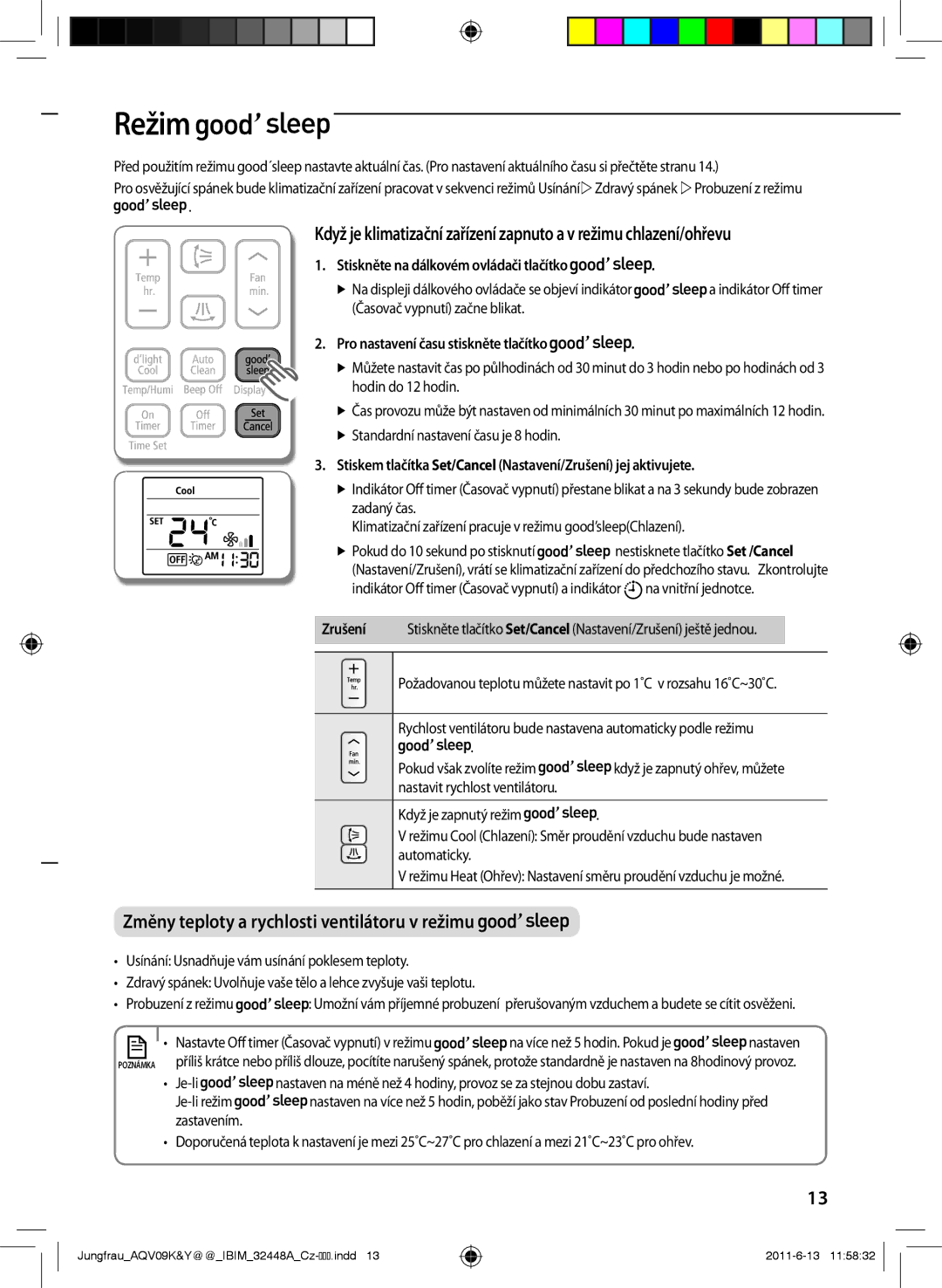 Samsung AQV09KBAN manual Režim, Stiskněte na dálkovém ovládači tlačítko, Pro nastavení času stiskněte tlačítko, Zrušení 