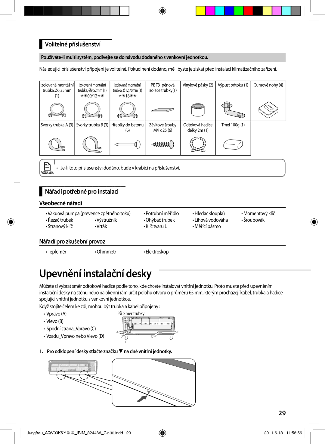 Samsung AQV12YWAX Upevnění instalační desky, Nářadí potřebné pro instalaci Všeobecné nářadí, Nářadí pro zkušební provoz 