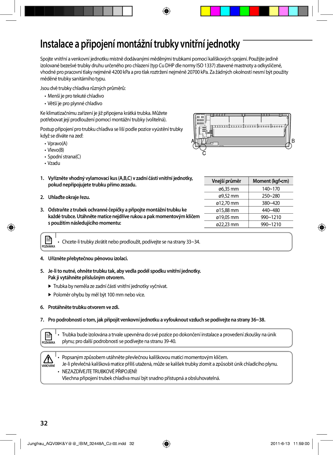 Samsung AQV09KBAX, AQV12KBAN Uhlaďte okraje řezu, Uřízněte přebytečnou pěnovou izolaci, Protáhněte trubku otvorem ve zdi 