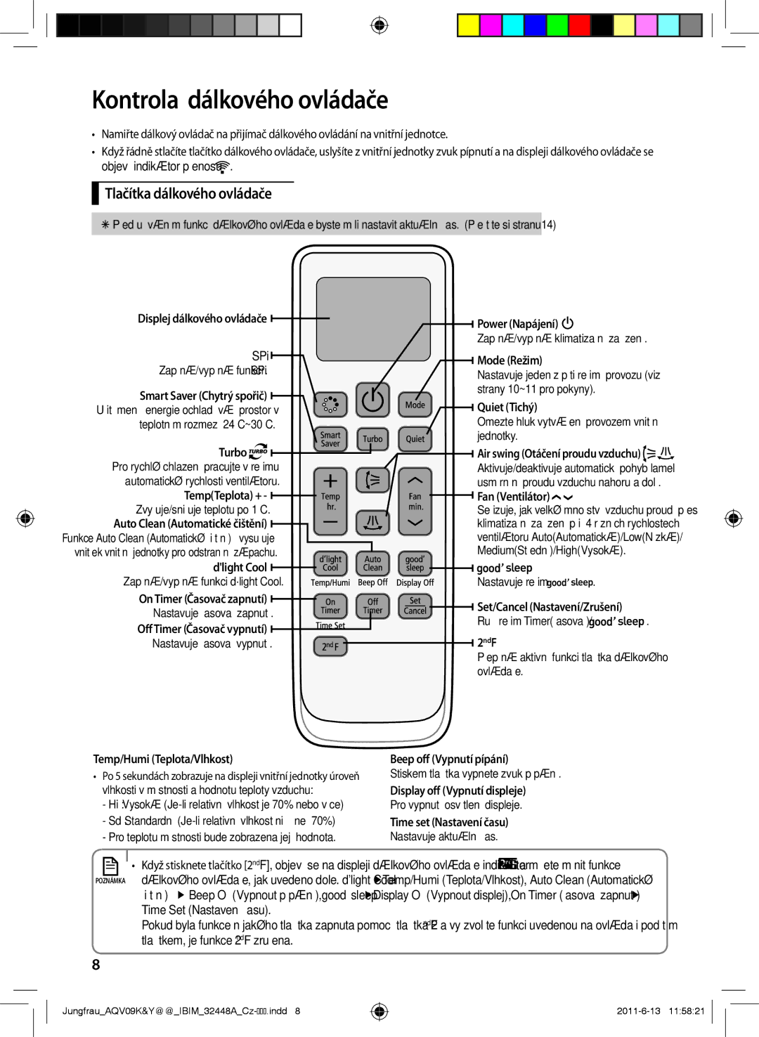 Samsung AQV24PSBX, AQV12KBAN, AQV12YWAN, AQV09KBAN, AQV09YWAX manual Kontrola dálkového ovládače, Tlačítka dálkového ovládače 