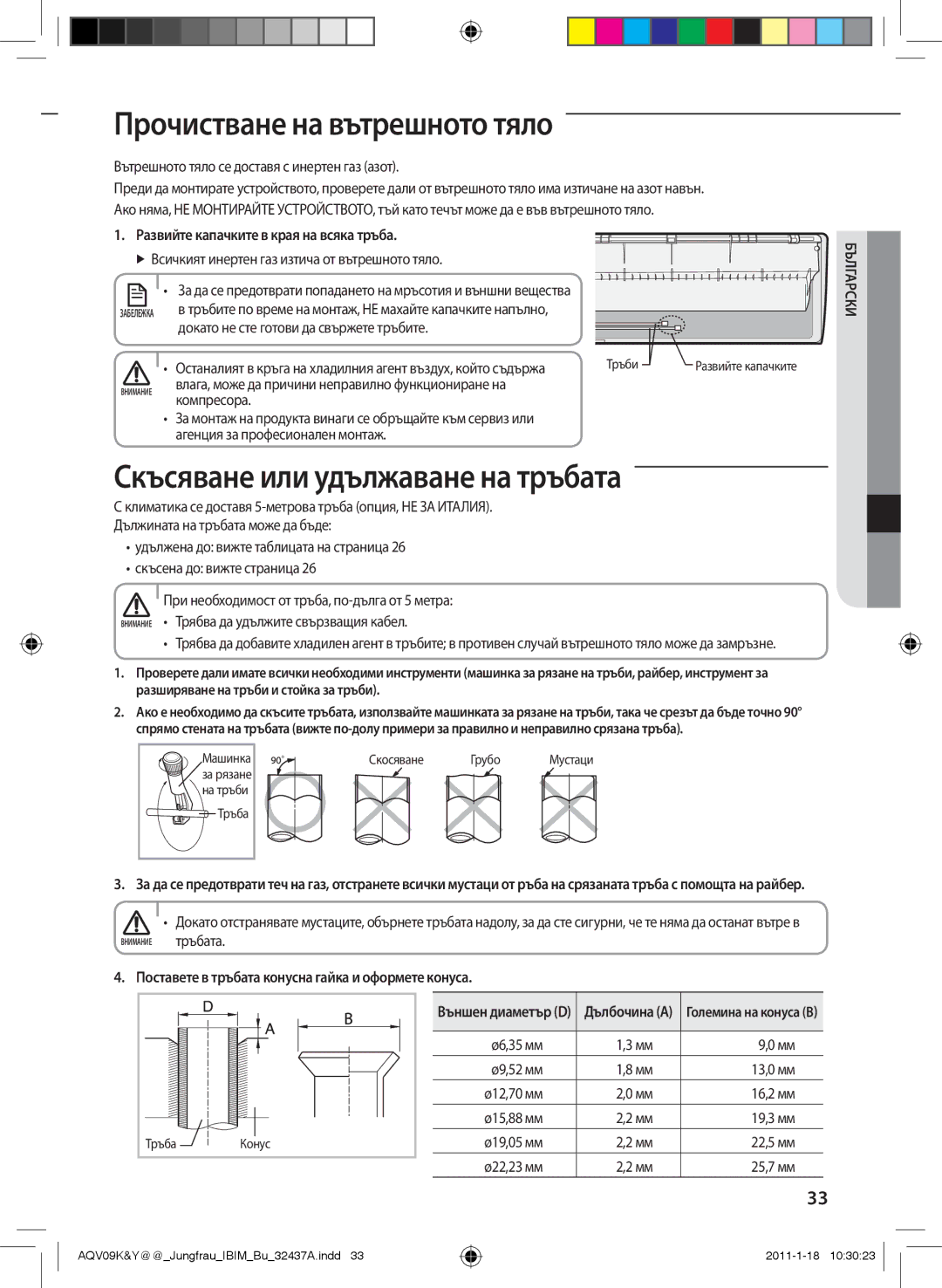 Samsung AQV12KBAX manual Компресора, Агенция за професионален монтаж, Тръбата, Ø6,35 мм Ø9,52 мм 13,0 мм, 16,2 мм, 19,3 мм 