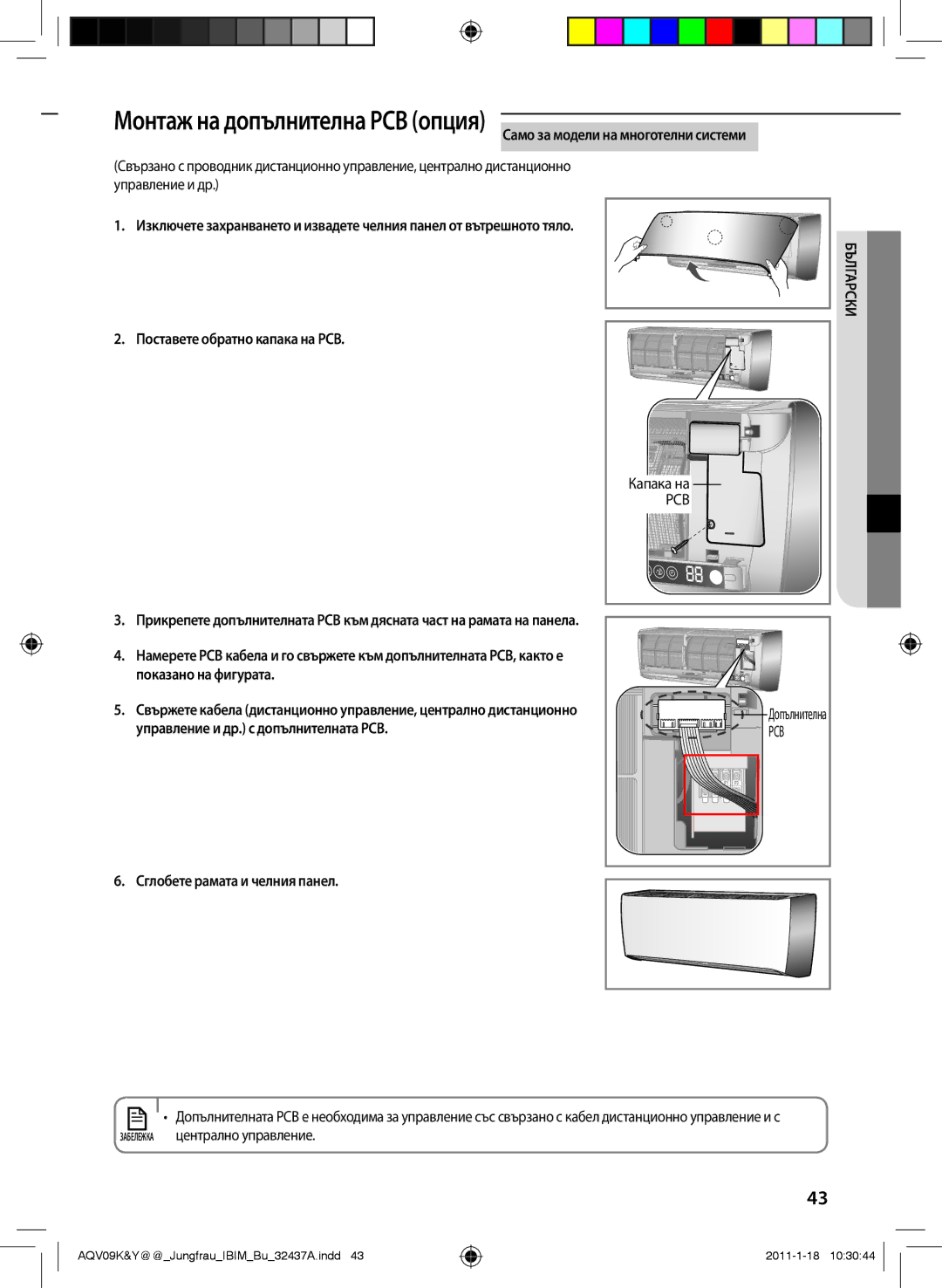 Samsung AQV12KBAX Поставете обратно капака на РСВ, Сглобете рамата и челния панел, Забележка централно управление, Бълга 
