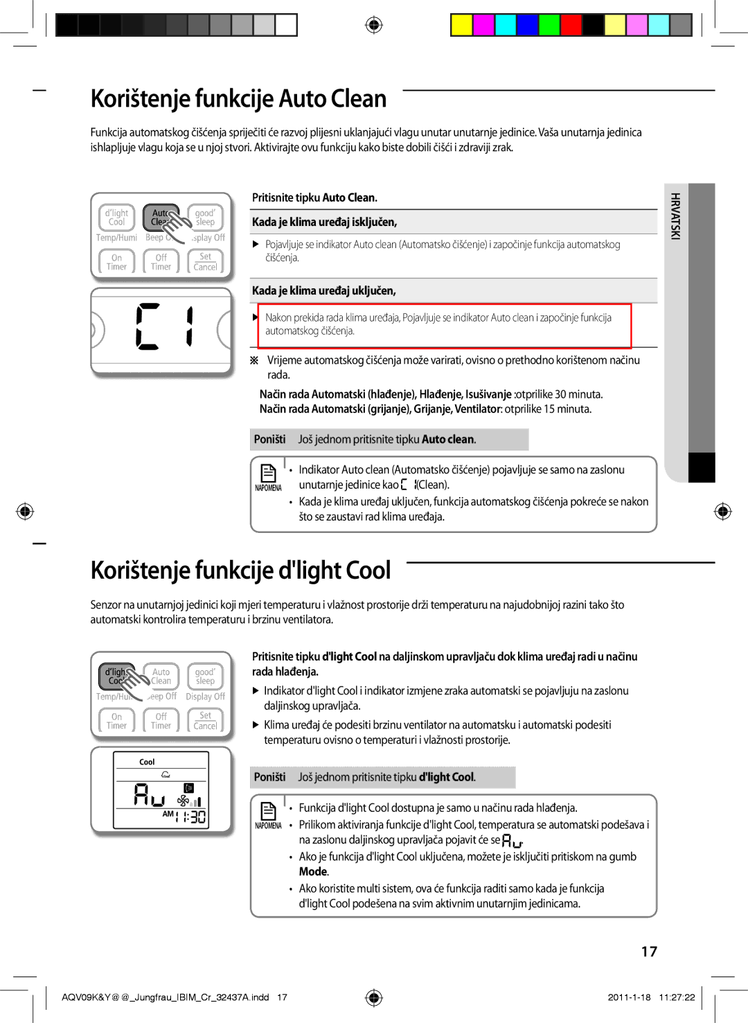 Samsung AQV12KBAX manual Korištenje funkcije auto Clean, Korištenje funkcije dlight Cool, Kada je klima uređaj uključen 