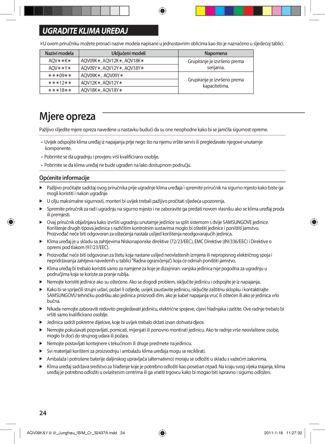 Samsung AQV09YWAX, AQV12KBAN, AQV12YWAN, AQV09YWAN, AQV18KBAX, AQV18YWAX manual Općenite informacije, Uključeni modeli Napomena 