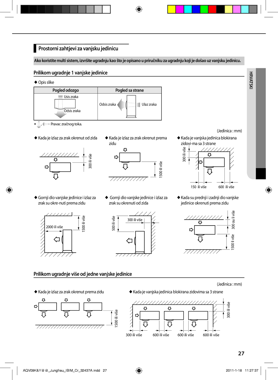 Samsung AQV18YWAX, AQV12KBAN, AQV12YWAN manual Prostorni zahtjevi za vanjsku jedinicu, Prilikom ugradnje 1 vanjske jedinice 