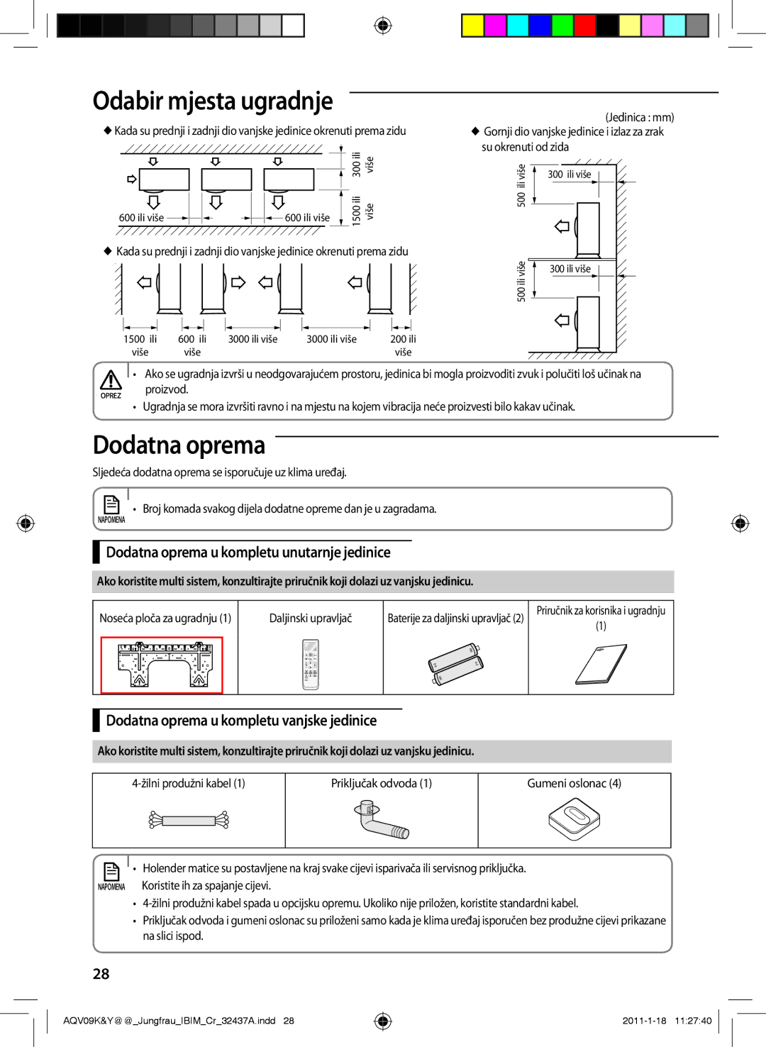 Samsung AQV12KBAX, AQV12KBAN Dodatna oprema u kompletu unutarnje jedinice, Dodatna oprema u kompletu vanjske jedinice 