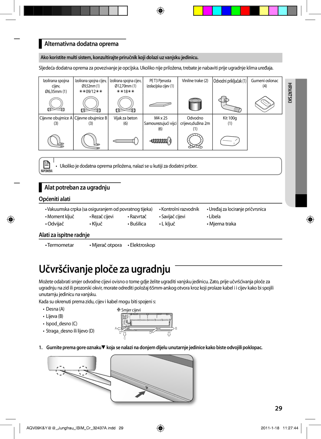 Samsung AQV12YWAX Učvršćivanje ploče za ugradnju, Alternativna dodatna oprema, Alat potreban za ugradnju Općeniti alati 