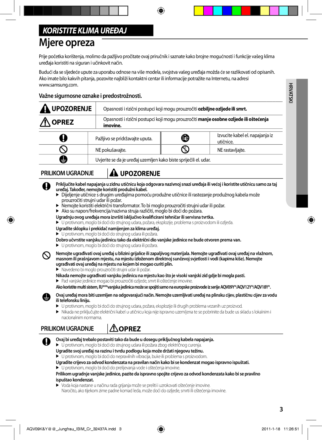 Samsung AQV09YWAN, AQV12KBAN, AQV12YWAN manual Mjere opreza, Važne sigurnosne oznake i predostrožnosti, Imovine, Utičnice 