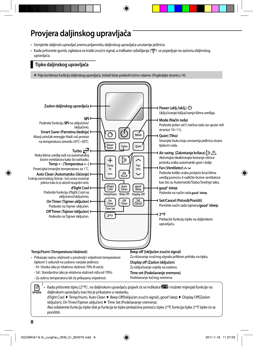 Samsung AQV24PSBX, AQV12KBAN, AQV12YWAN, AQV09YWAX, AQV09YWAN Provjera daljinskog upravljača, Tipke daljinskog upravljača 