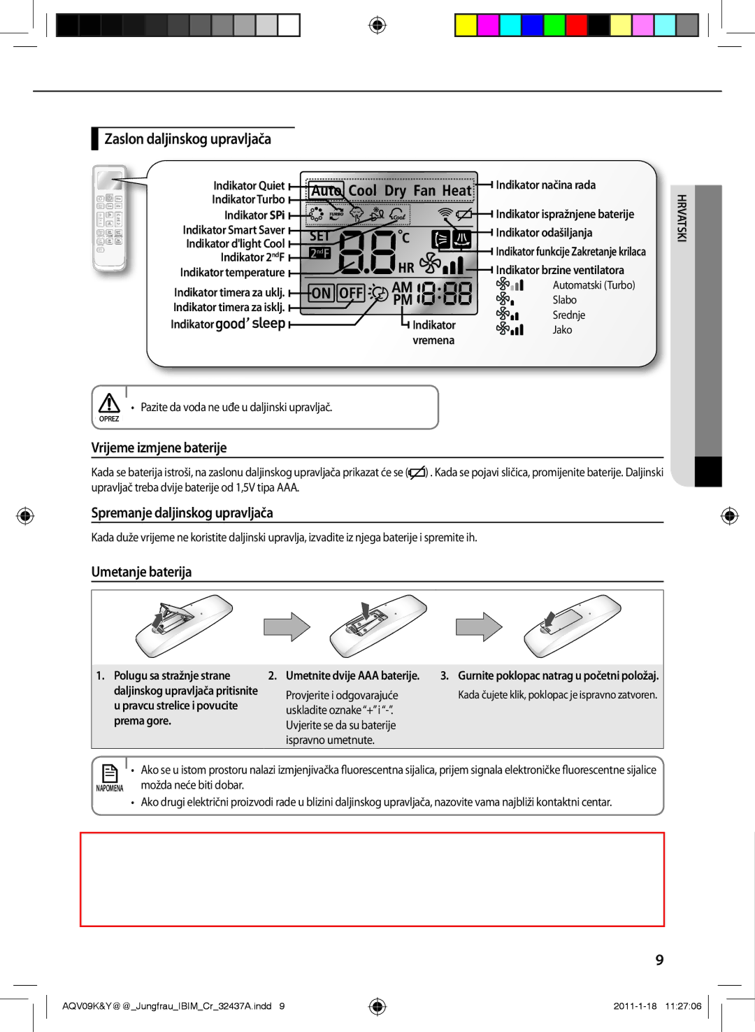 Samsung AQV18YWAN, AQV12KBAN manual Zaslon daljinskog upravljača, Vrijeme izmjene baterije, Spremanje daljinskog upravljača 