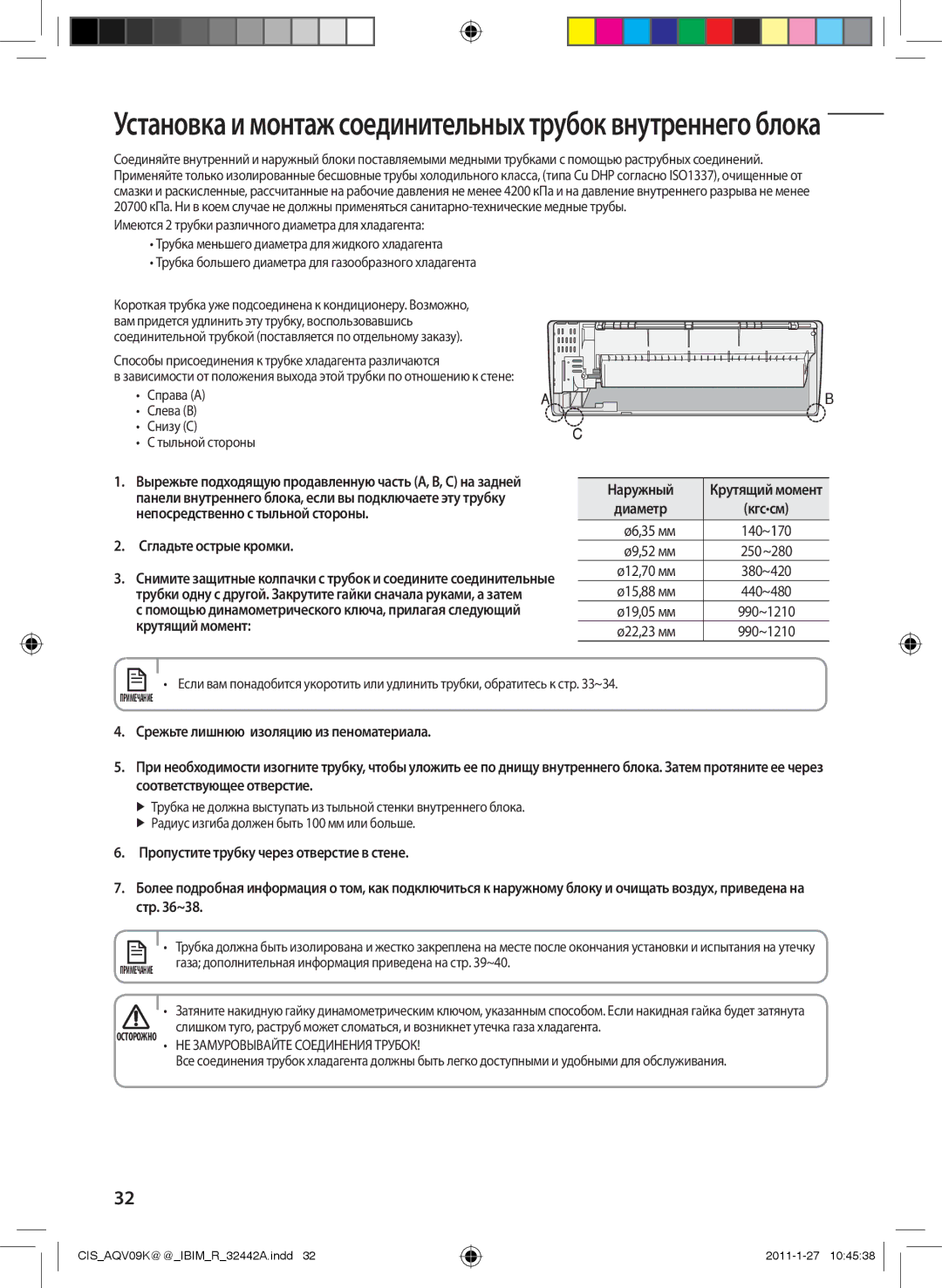 Samsung AQV12KBAXSER, AQV12KBANSER manual Ø9,52 мм, Ø12,70 мм, Ø15,88 мм 440~480, Ø19,05 мм, Крутящий момент Ø22,23 мм 