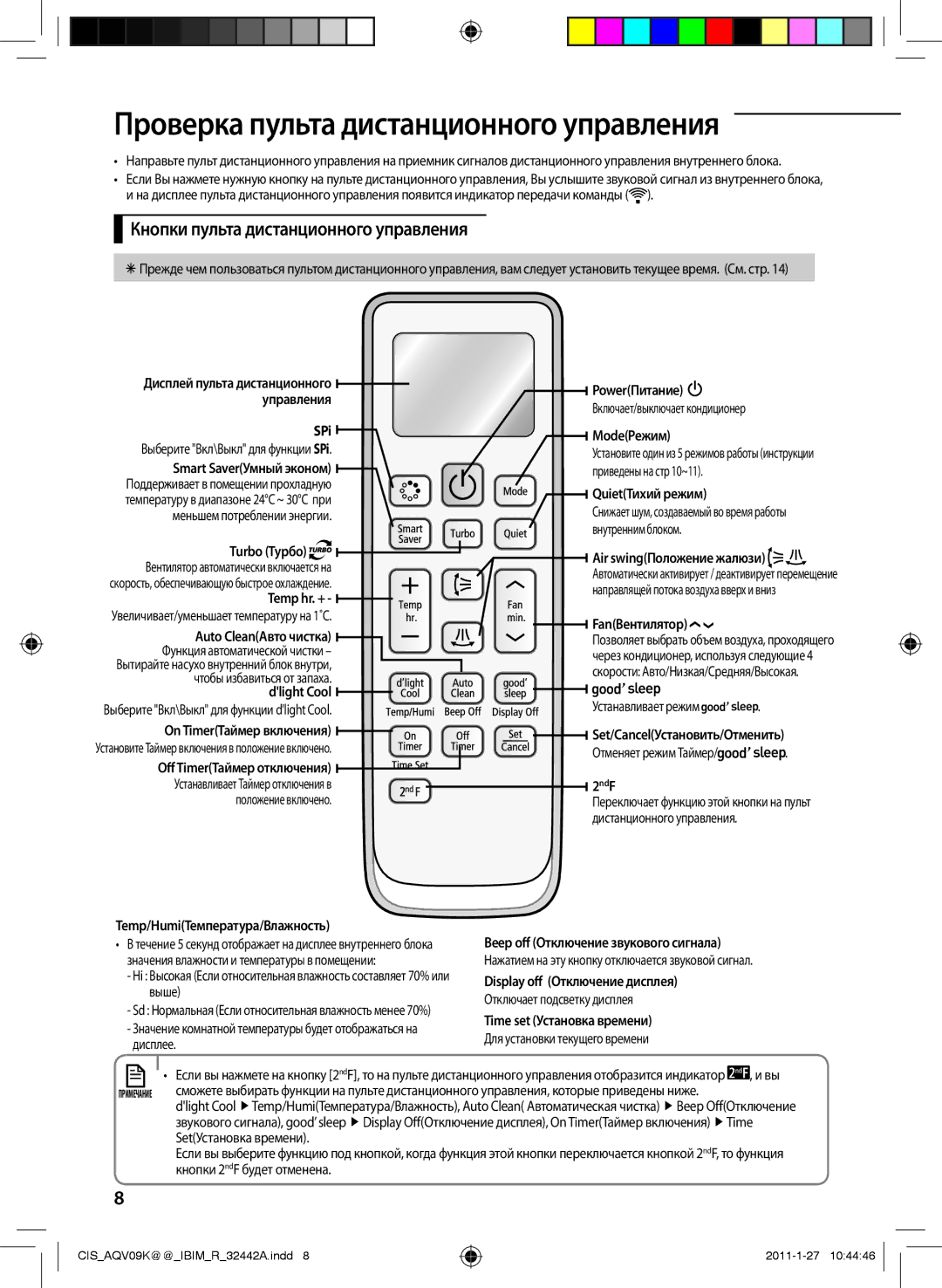 Samsung AQV12KBAXSER, AQV12KBANSER manual Проверка пульта дистанционного управления, Кнопки пульта дистанционного управления 