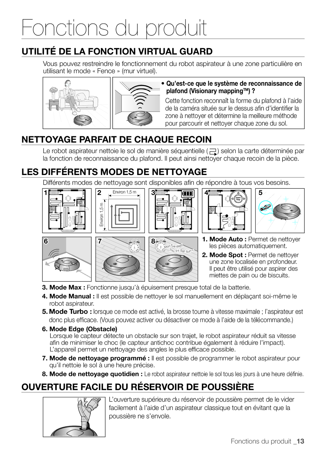 Samsung AQV12KBBN manual Fonctions du produit, Utilité DE LA Fonction Virtual Guard, Nettoyage Parfait DE Chaque Recoin 