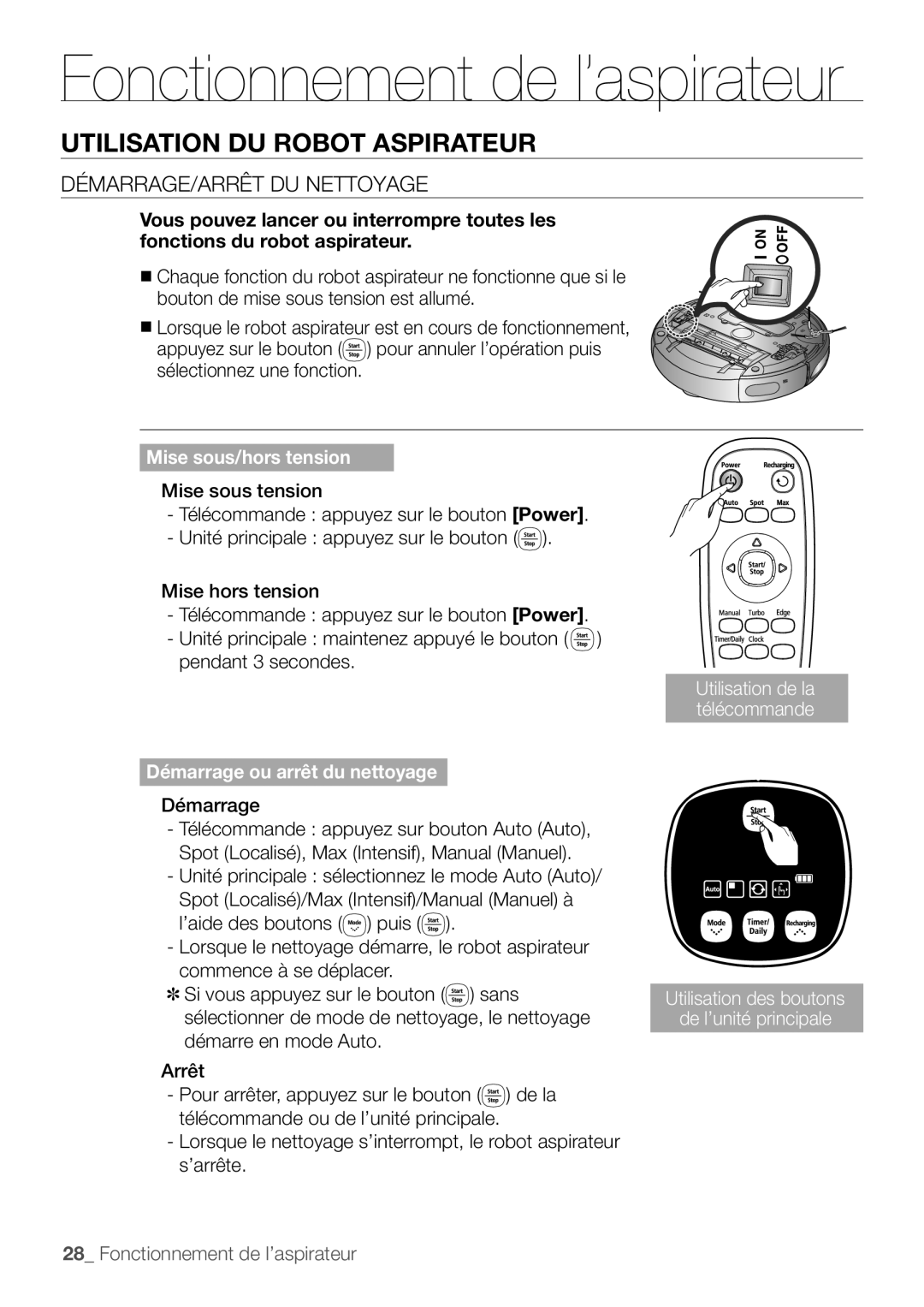 Samsung AQV18KBBN, AQV12KBBX, AQV12KBBN, AQV09KBBN, AQV12YWAN Utilisation DU Robot Aspirateur, Démarrage/arrêt du nettoyage 