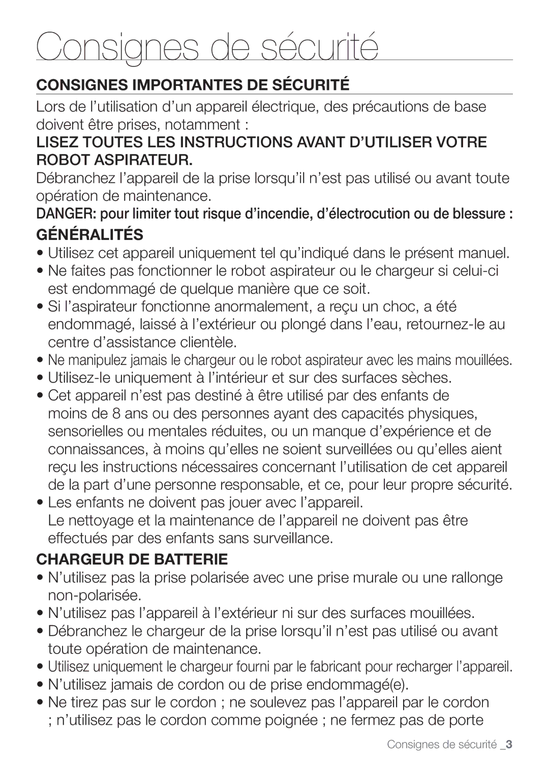 Samsung AQV12YWAN, AQV12KBBX, AQV12KBBN, AQV09KBBN manual Consignes Importantes DE Sécurité, Généralités, Chargeur DE Batterie 