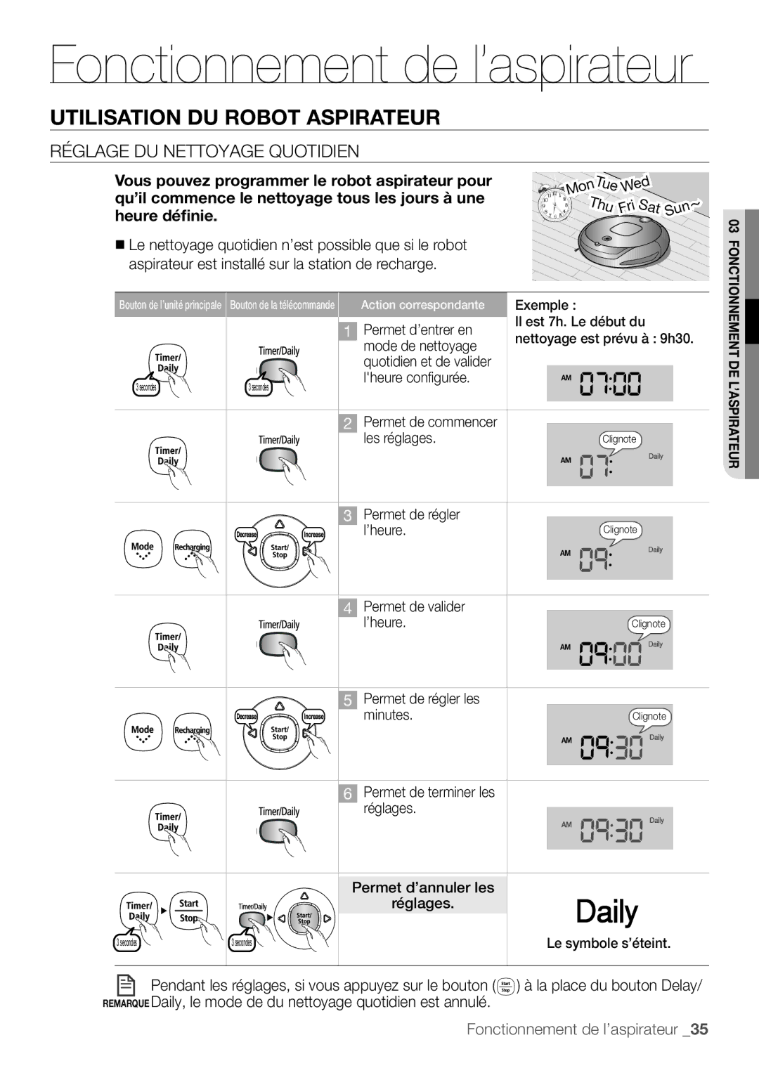 Samsung AQV09KBBX, AQV12KBBX Réglage du nettoyage quotidien, Remarque Daily, le mode de du nettoyage quotidien est annulé 