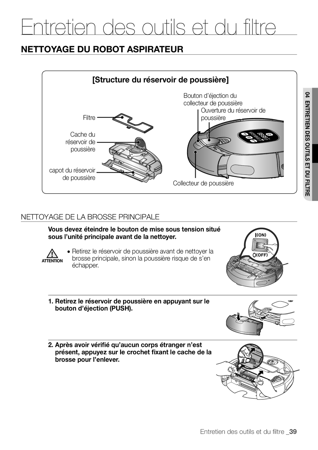 Samsung AQV12YWAN manual Nettoyage de la brosse principale, Bouton d’éjection du, Collecteur de poussière, Filtre, Échapper 