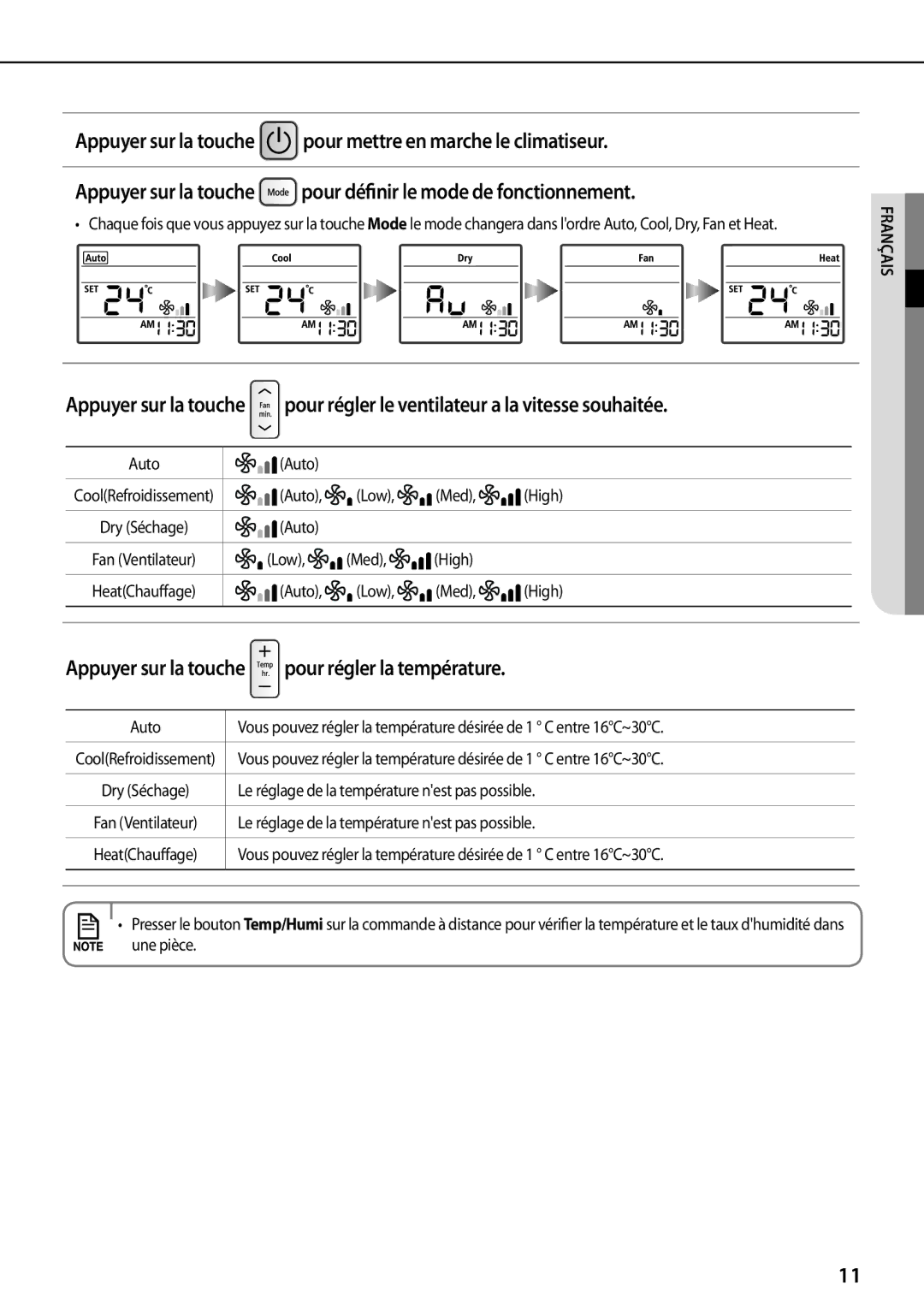 Samsung AQV09KBBX, AQV12KBBX, AQV12KBBN, AQV09KBBN, AQV12YWAN, AQV18KBBN manual Appuyer sur la touche pour régler la température 