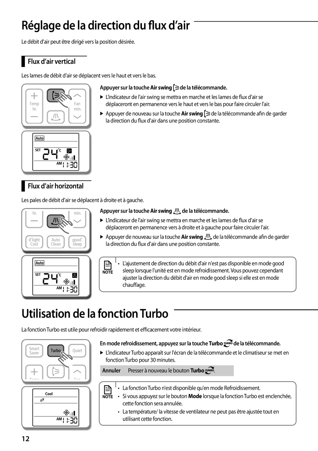 Samsung AQV12KBBX, AQV12KBBN Réglage de la direction du flux d’air, Utilisation de la fonction Turbo, Flux d’air vertical 