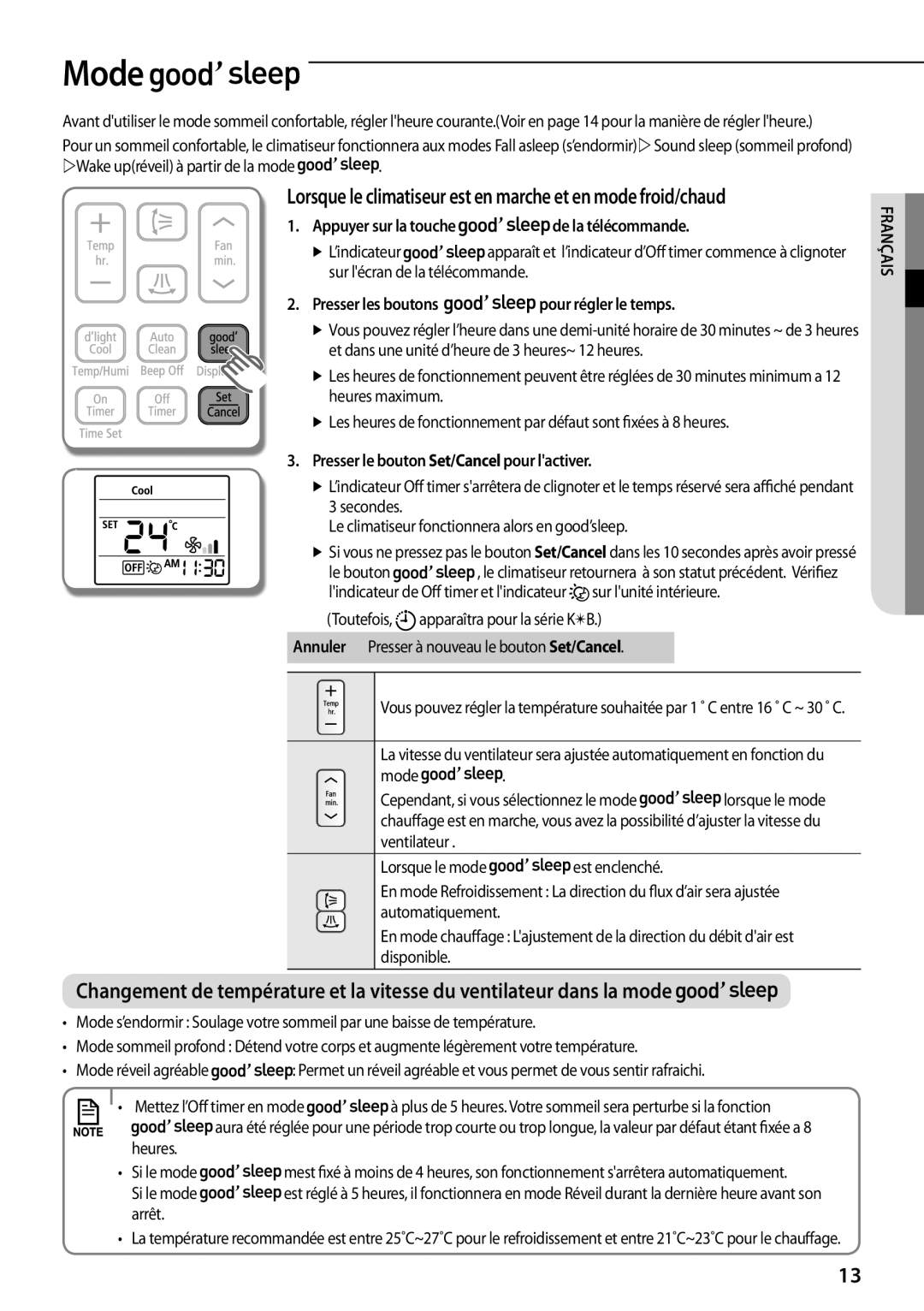 Samsung AQV12KBBN, AQV12KBBX manual Mode, Appuyer sur la touche de la télécommande, Presser les boutons pour régler le temps 