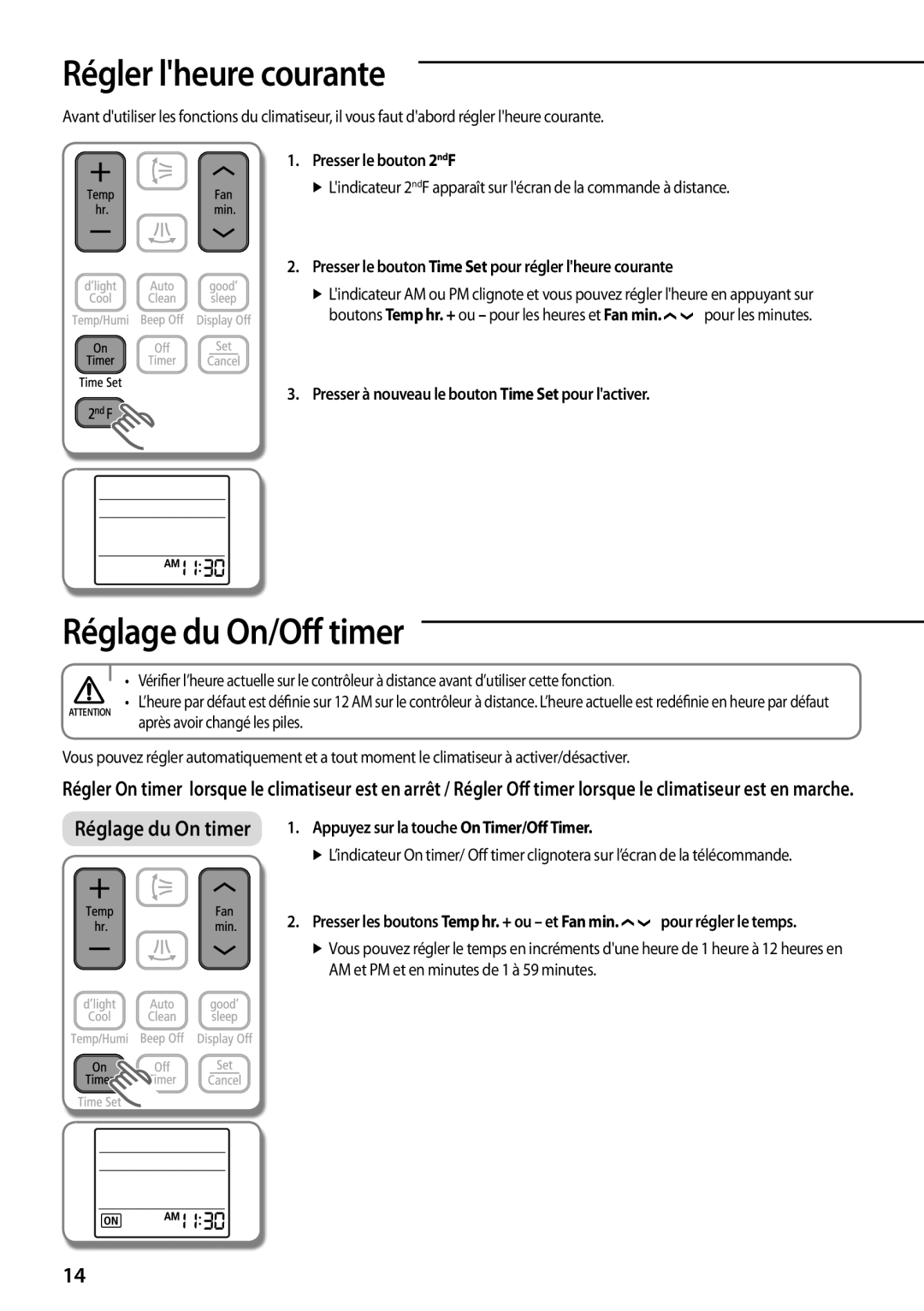 Samsung AQV09KBBN, AQV12KBBX, AQV12KBBN, AQV12YWAN, AQV18KBBN, AQV18KBBX manual Régler lheure courante, Réglage du On/Off timer 