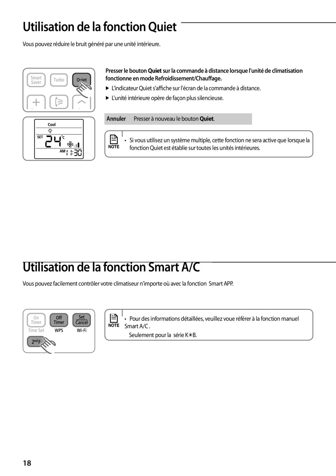 Samsung AQV09YWAX, AQV12KBBX, AQV12KBBN, AQV09KBBN Utilisation de la fonction Quiet, Utilisation de la fonction Smart A/C 