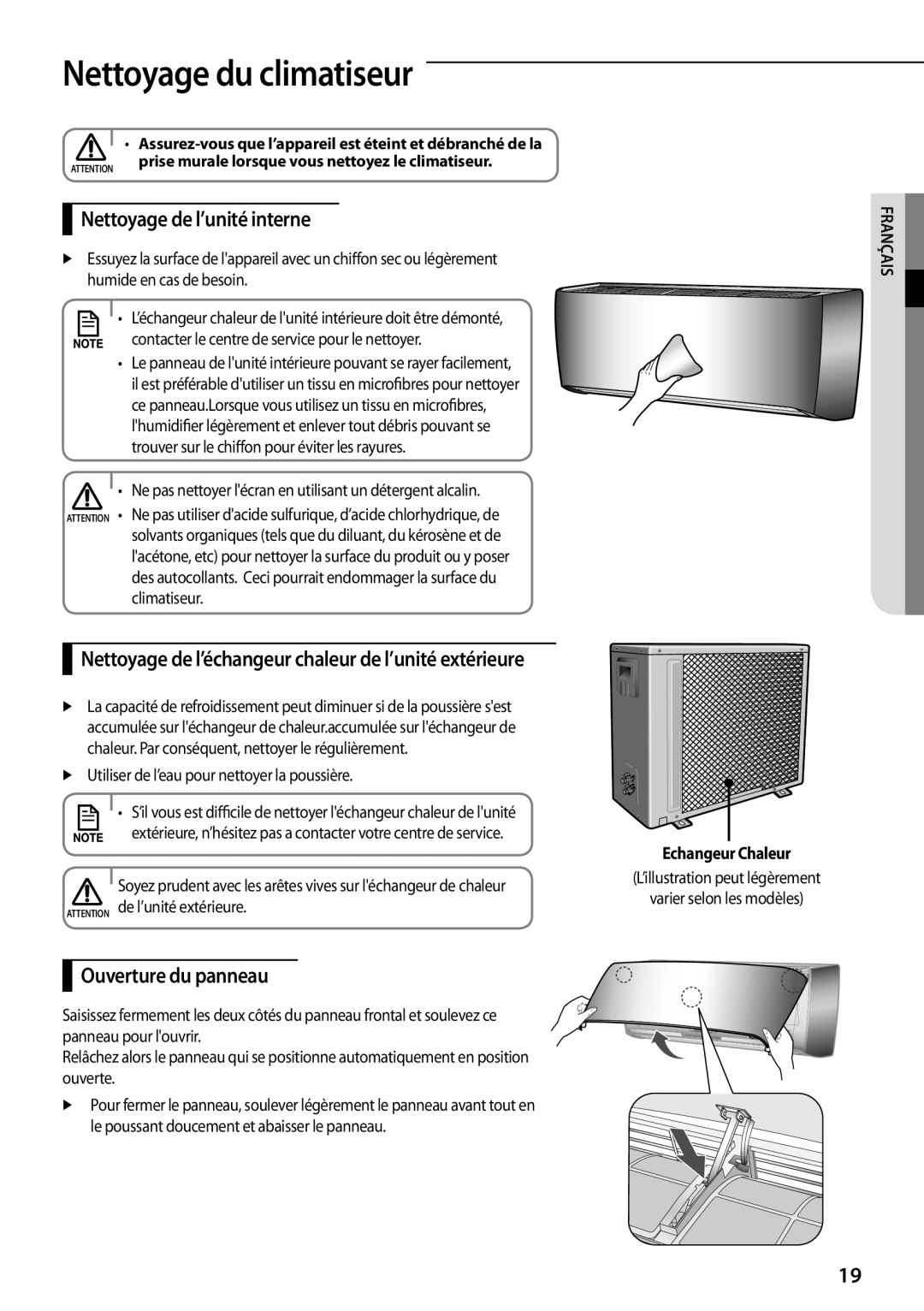 Samsung AQV09YWAN manual Nettoyage du climatiseur, Nettoyage de l’unité interne, Ouverture du panneau, Echangeur Chaleur 