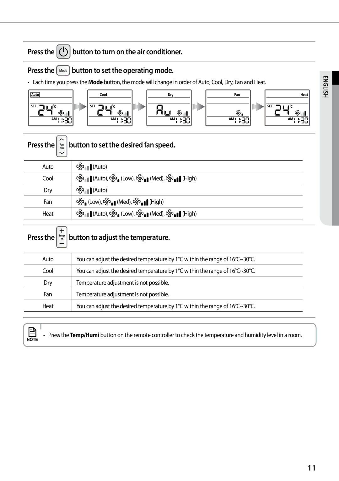 Samsung AQV09KBBX, AQV12KBBX, AQV12KBBN, AQV09KBBN, AQV12YWAN, AQV18KBBN, AQV18KBBX Press, Button to adjust the temperature 