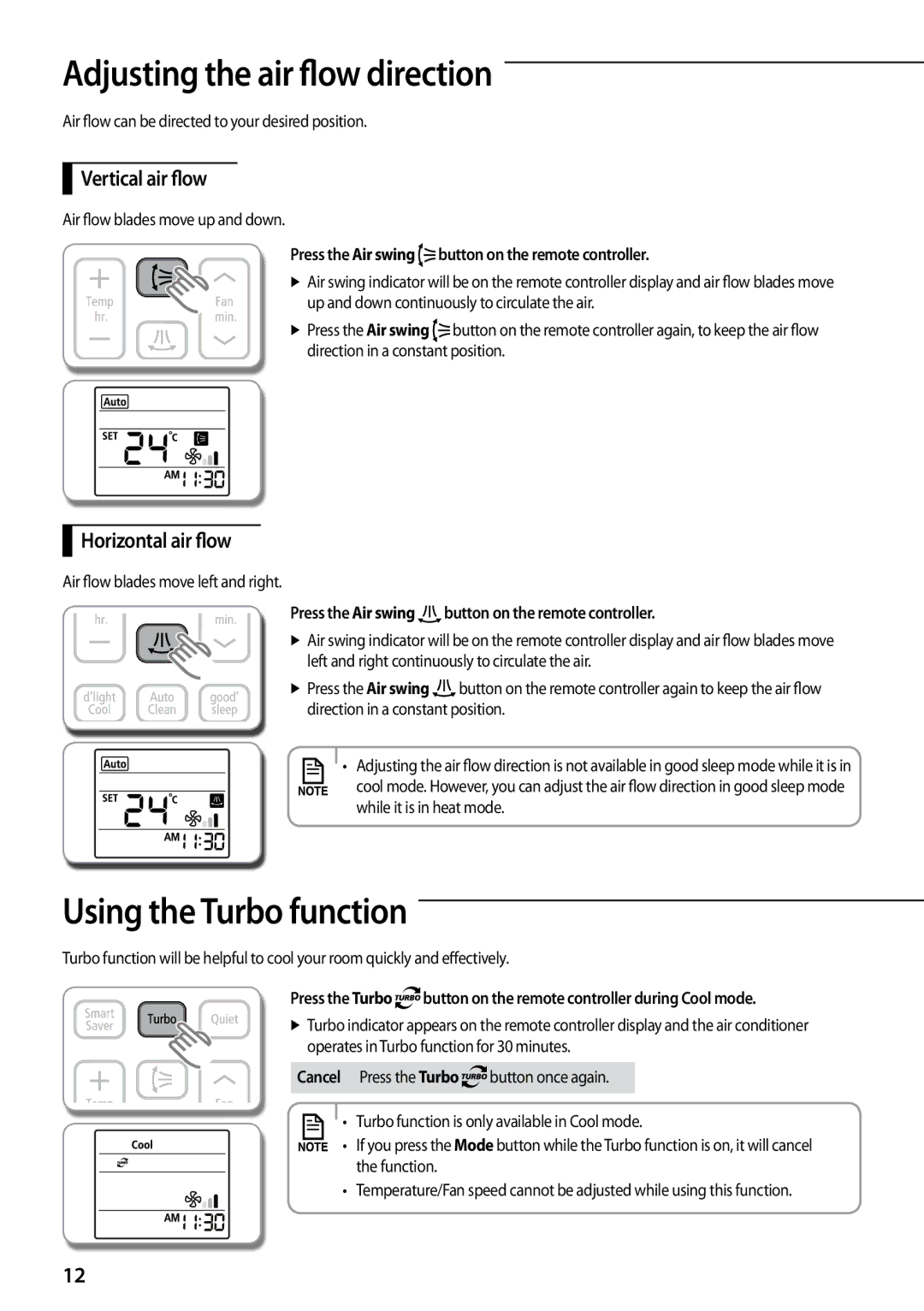 Samsung AQV12KBBX manual Adjusting the air flow direction, Using the Turbo function, Vertical air flow, Horizontal air flow 