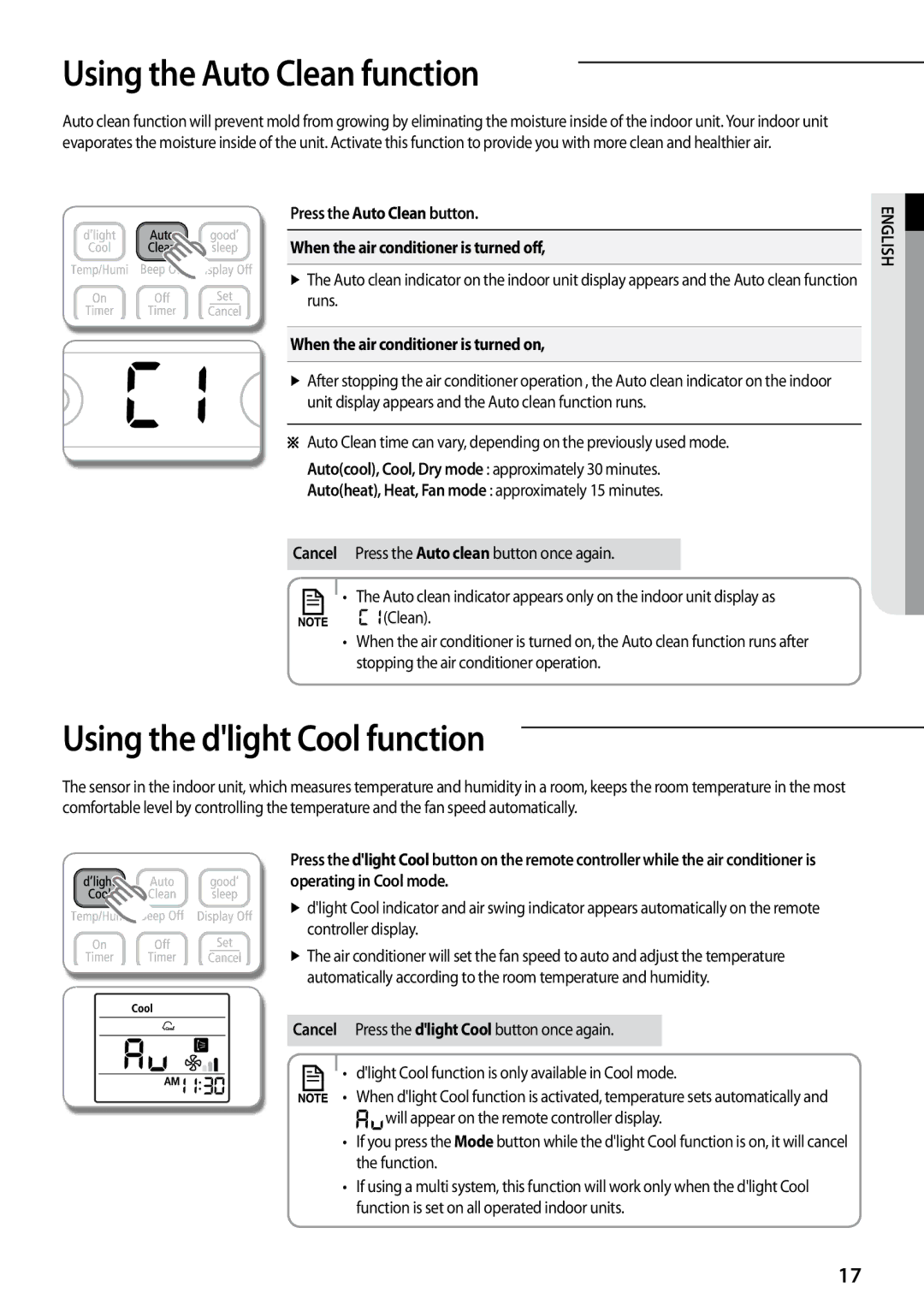 Samsung AQV18KBBX Using the Auto Clean function, Using the dlight Cool function, When the air conditioner is turned on 