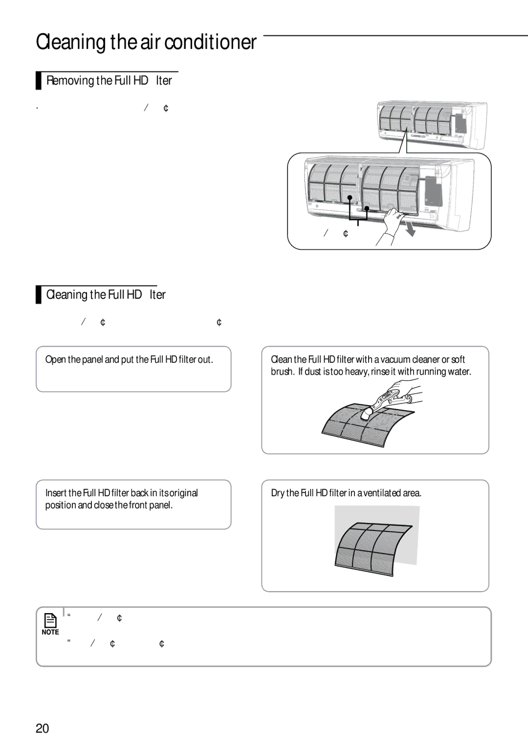 Samsung AQV18YWAX, AQV12KBBX manual Cleaning the air conditioner, Removing the Full HD filter, Cleaning the Full HD filter 