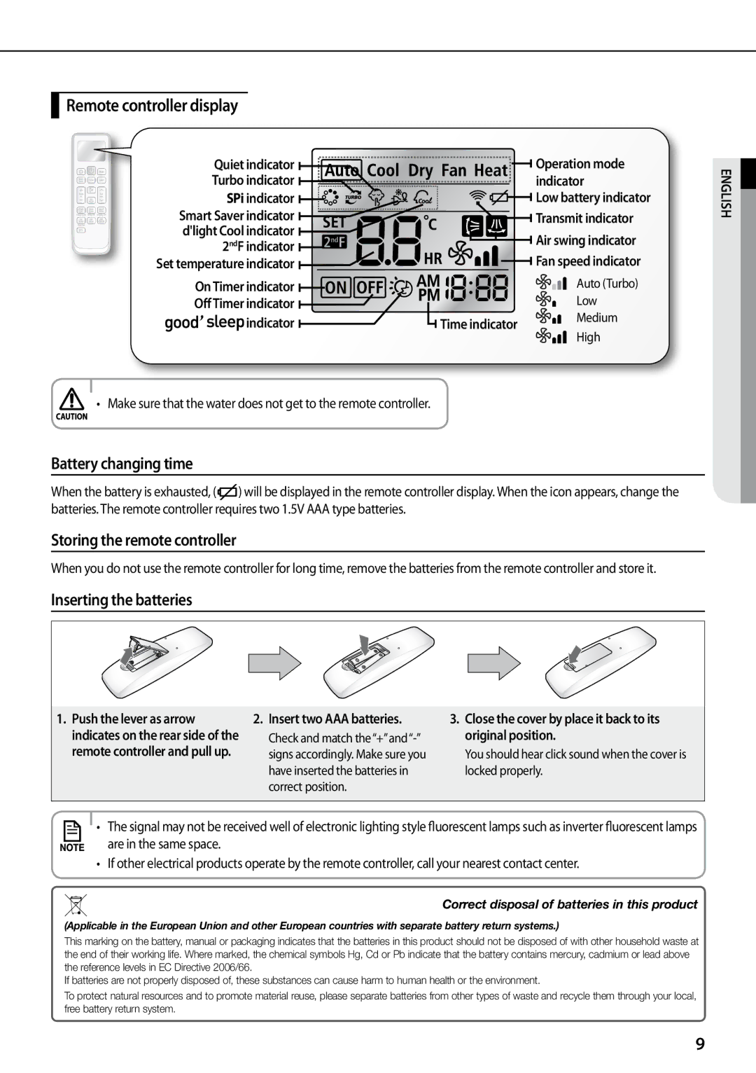 Samsung AQV12YWAX Remote controller display, Battery changing time, Storing the remote controller, Inserting the batteries 