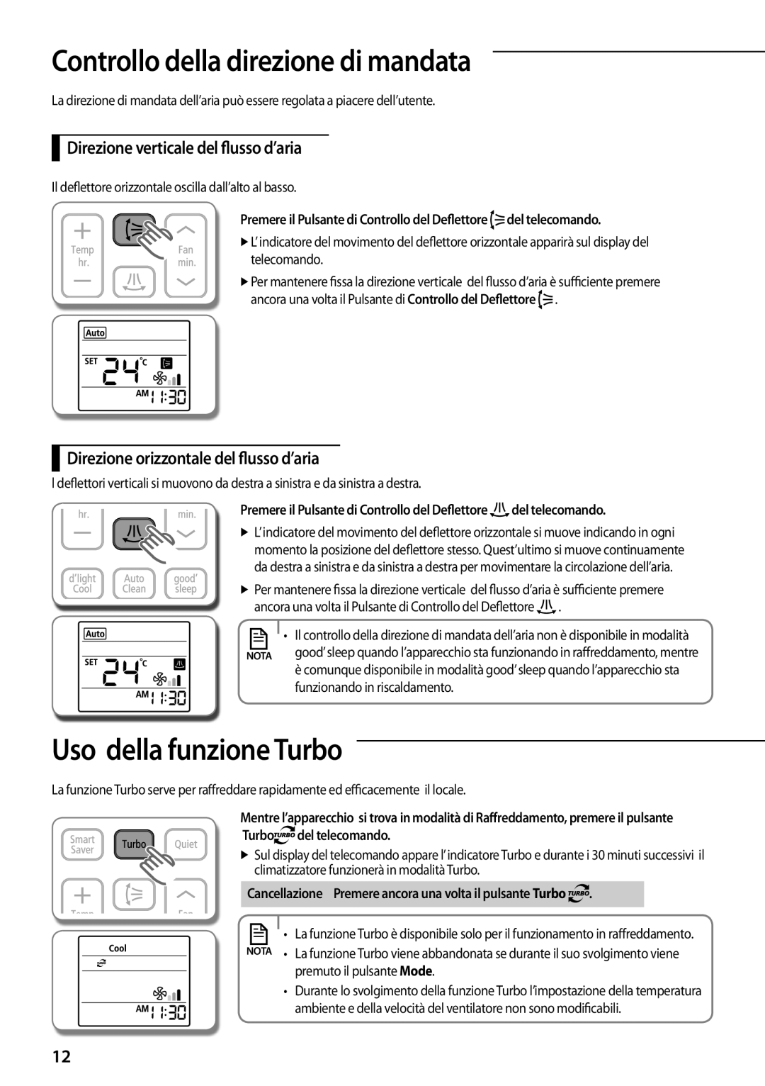 Samsung AQV12KBBX Controllo della direzione di mandata, Uso della funzione Turbo, Direzione verticale del flusso d’aria 