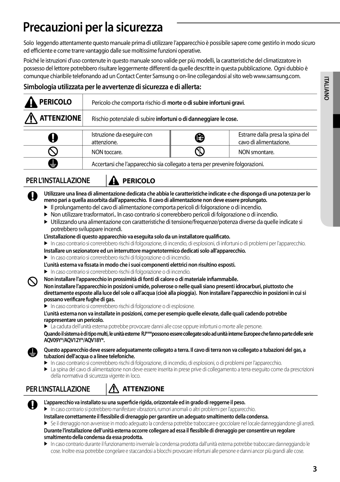 Samsung AQV12YWAN, AQV12KBBX manual Precauzioni per la sicurezza, Istruzione da eseguire con, Potrebbero sviluppare incendi 