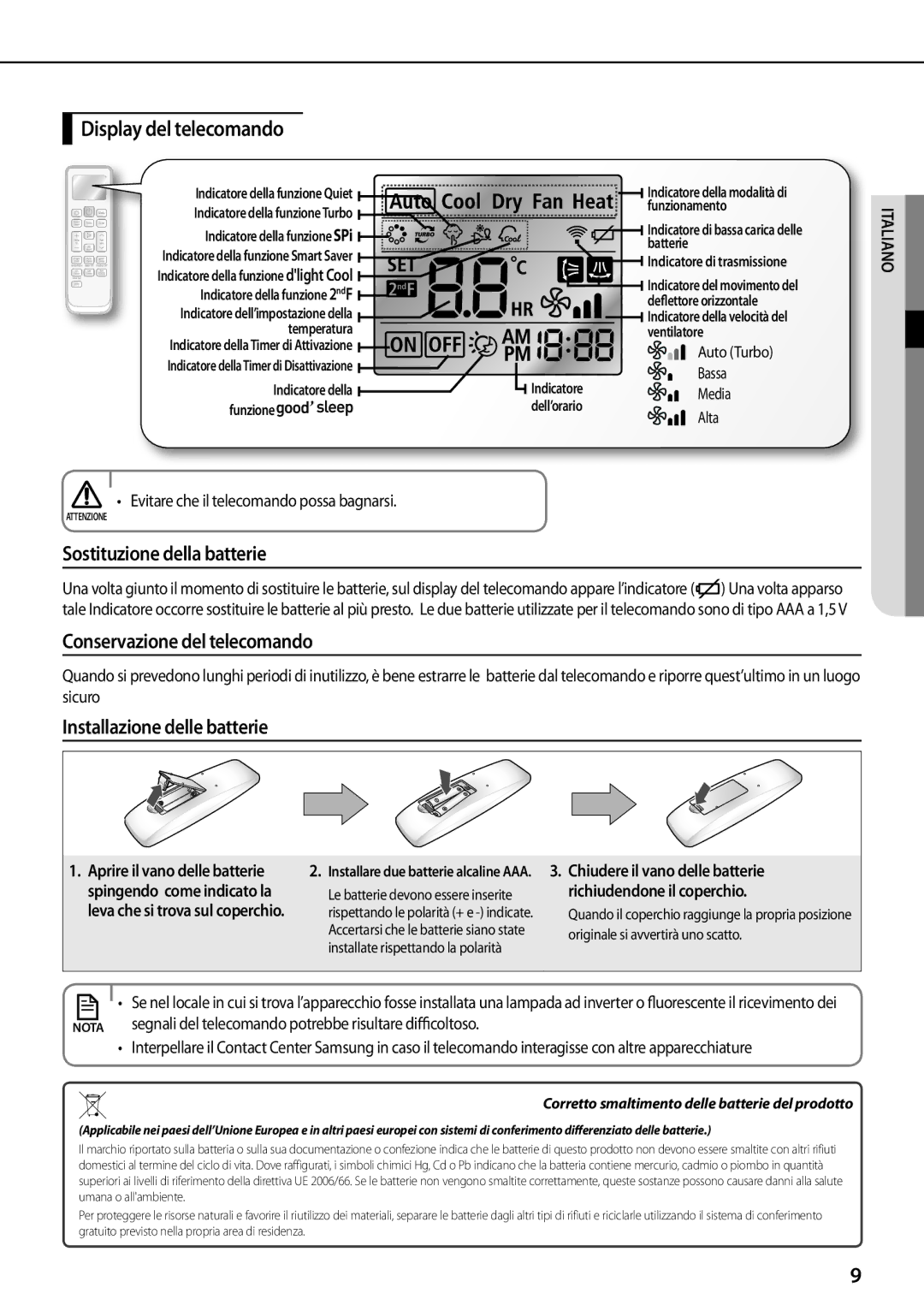 Samsung AQV12YWAX, AQV12KBBX, AQV12KBBN Display del telecomando, Sostituzione della batterie, Conservazione del telecomando 