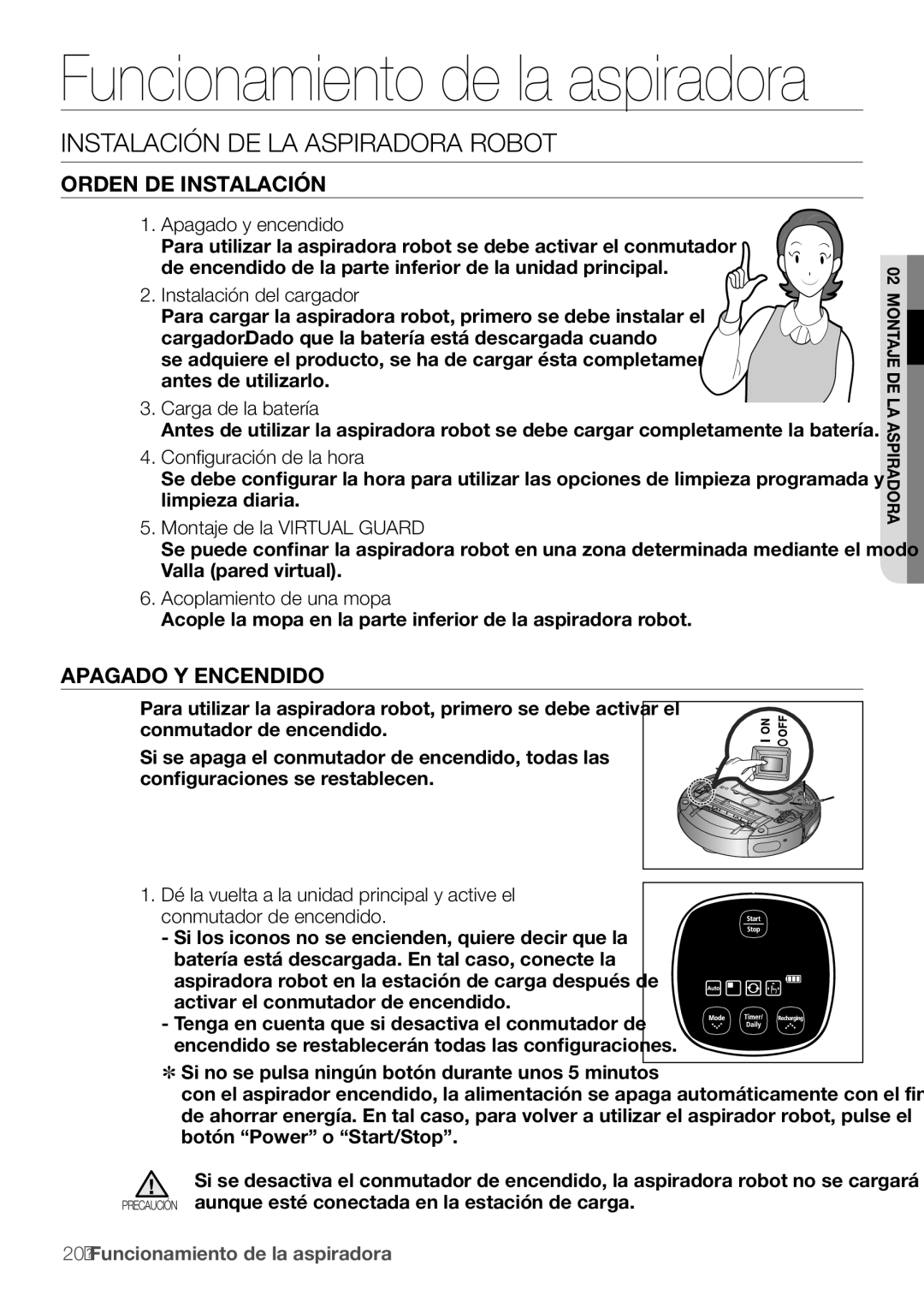 Samsung AQV18YWAX, AQV12KBBX, AQV12KBBN manual Instalación de la aspiradora robot, Orden de instalación, Apagado y encendido 