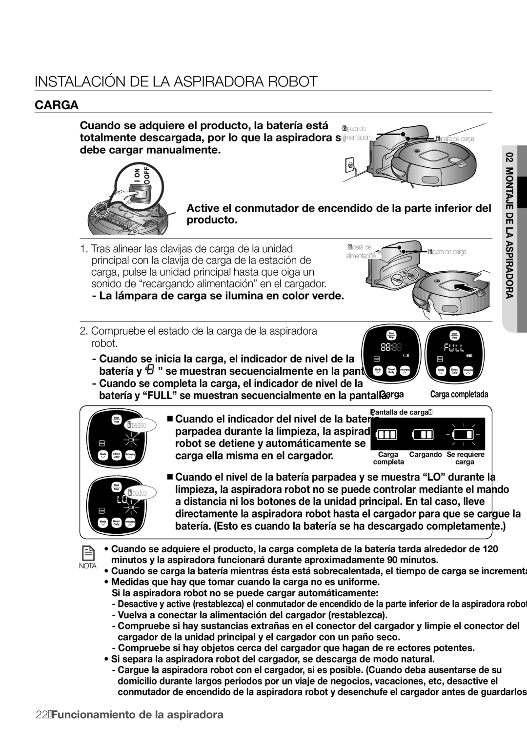 Samsung AQV18YWAN Carga, Tras alinear las clavijas de carga de la unidad, Sonido de recargando alimentación en el cargador 