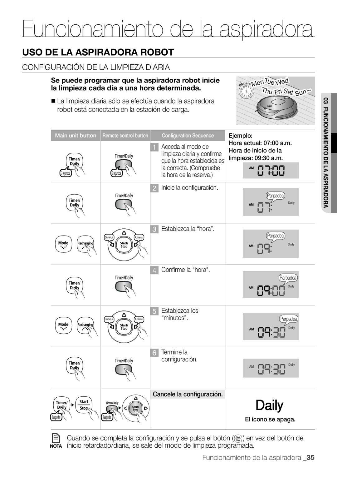 Samsung AQV09KBBX, AQV12KBBX, AQV12KBBN, AQV09KBBN, AQV12YWAN, AQV18KBBN, AQV18KBBX manual Configuración de la limpieza diaria 