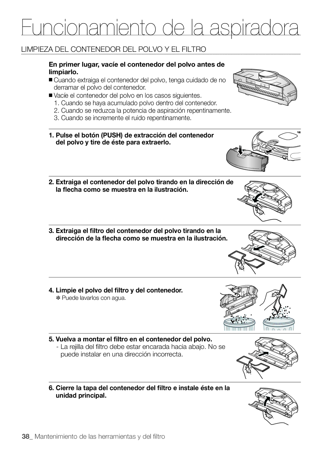 Samsung AQV09KBBN, AQV12KBBX Limpieza del contenedor del polvo y el filtro, Limpie el polvo del filtro y del contenedor 