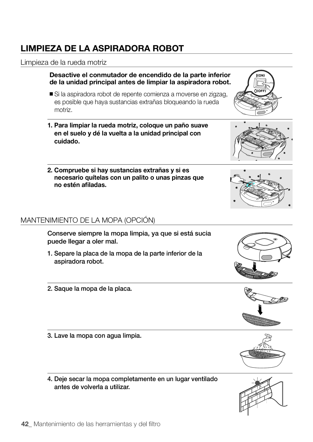 Samsung AQV09YWAX, AQV12KBBX, AQV12KBBN, AQV09KBBN, AQV12YWAN Limpieza de la rueda motriz, Mantenimiento de la mopa opción 